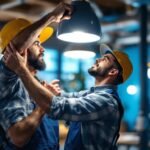 A photograph of a skilled lighting contractor in action