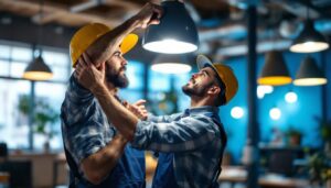 A photograph of a skilled lighting contractor in action
