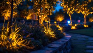 A photograph of a beautifully illuminated outdoor landscape featuring color-changing led landscape lights in various settings