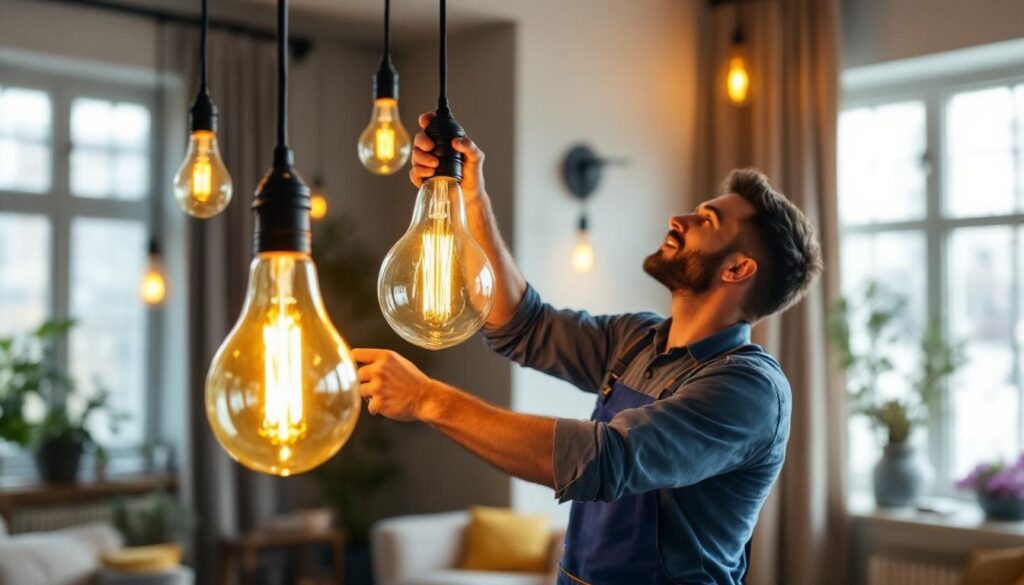 A photograph of a lighting contractor installing large retro light bulbs in a stylish interior setting
