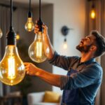 A photograph of a lighting contractor installing large retro light bulbs in a stylish interior setting