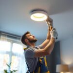 A photograph of a skilled lighting contractor installing recessed lighting in a modern home setting
