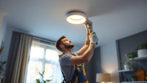 A photograph of a skilled lighting contractor installing recessed lighting in a modern home setting