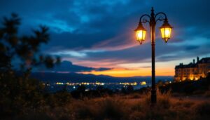 A photograph of a beautifully illuminated outdoor lamp post in a scenic setting