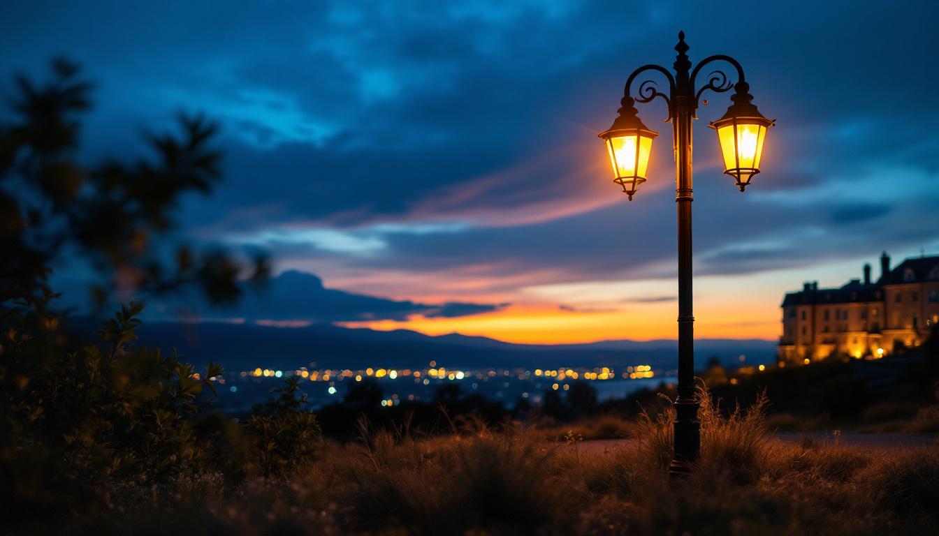 A photograph of a beautifully illuminated outdoor lamp post in a scenic setting