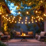 A photograph of a beautifully illuminated outdoor space featuring unique string lights