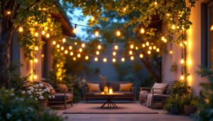 A photograph of a beautifully illuminated outdoor space featuring unique string lights