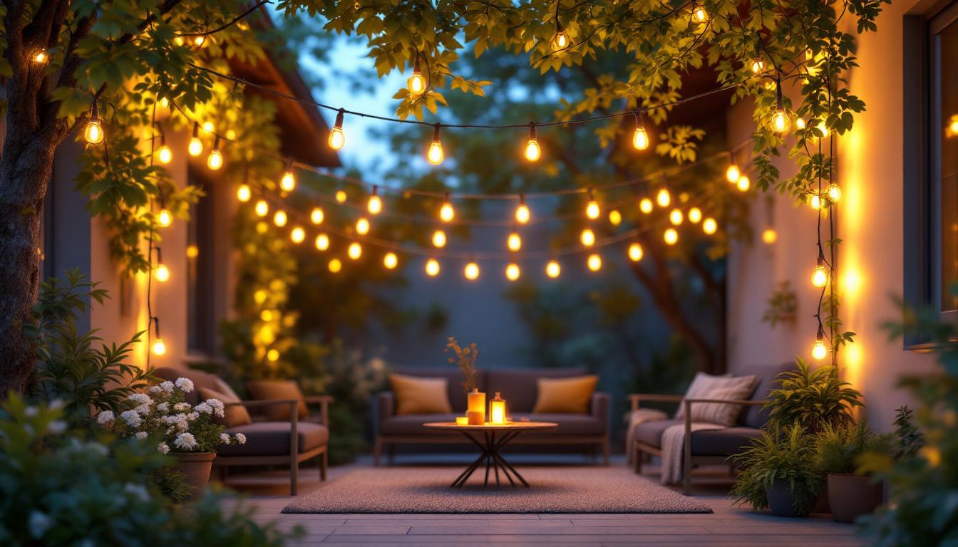 A photograph of a beautifully illuminated outdoor space featuring unique string lights