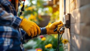 A photograph of a skilled lighting contractor installing an outdoor electrical connector in a beautifully landscaped garden