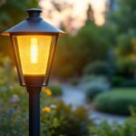 A photograph of a stylish modern outdoor lamp post in a beautifully landscaped garden setting during the golden hour