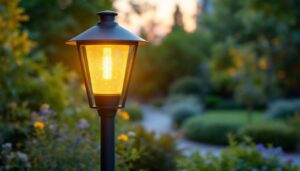A photograph of a stylish modern outdoor lamp post in a beautifully landscaped garden setting during the golden hour