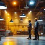 A photograph of a well-lit industrial space showcasing various types of indoor lighting fixtures