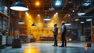 A photograph of a well-lit industrial space showcasing various types of indoor lighting fixtures