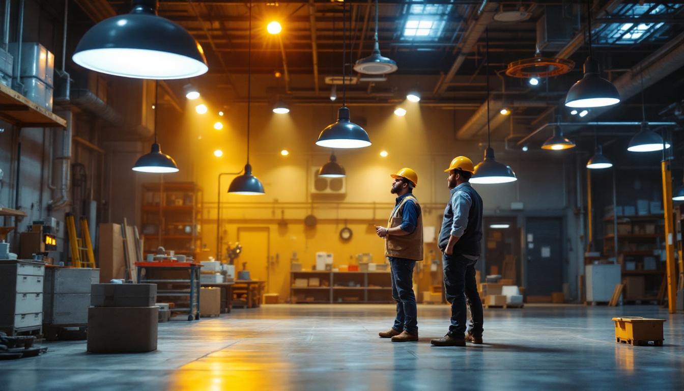 A photograph of a well-lit industrial space showcasing various types of indoor lighting fixtures