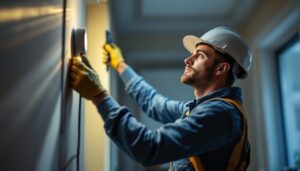 A photograph of a lighting contractor efficiently installing high-quality