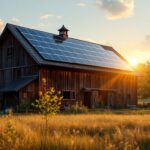 A photograph of a rustic barn illuminated by warm