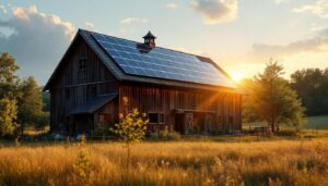 A photograph of a rustic barn illuminated by warm