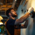 A photograph of a skilled lighting contractor at work