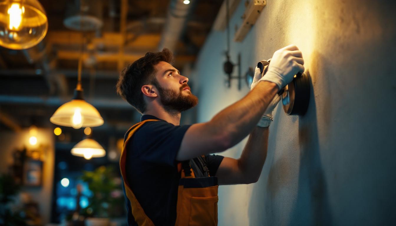 A photograph of a skilled lighting contractor at work
