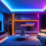 A photograph of a modern living space featuring recessed rgb lighting in various colors