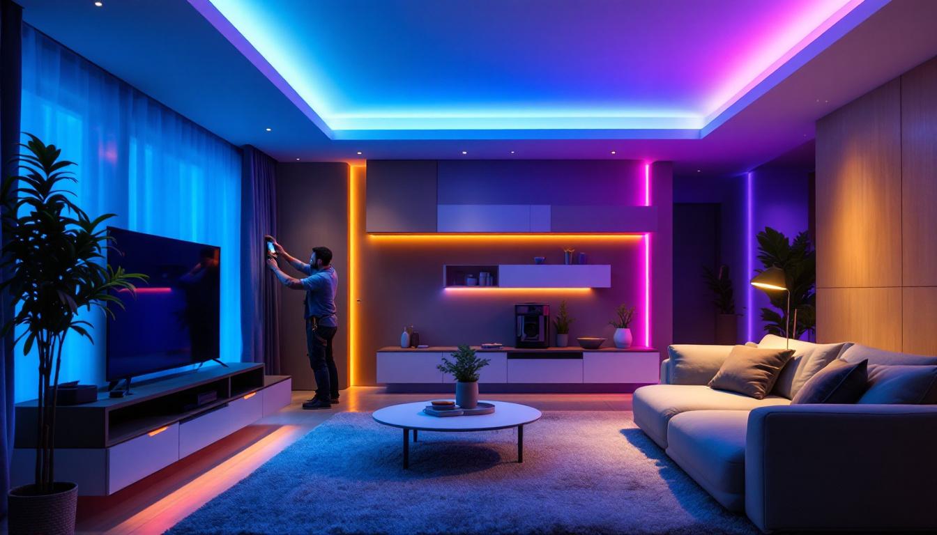 A photograph of a modern living space featuring recessed rgb lighting in various colors