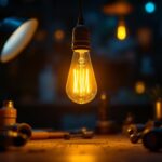 A photograph of a vintage light bulb glowing warmly in a darkened room