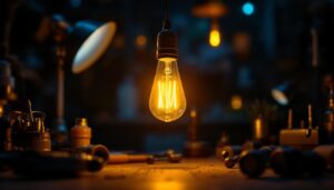 A photograph of a vintage light bulb glowing warmly in a darkened room
