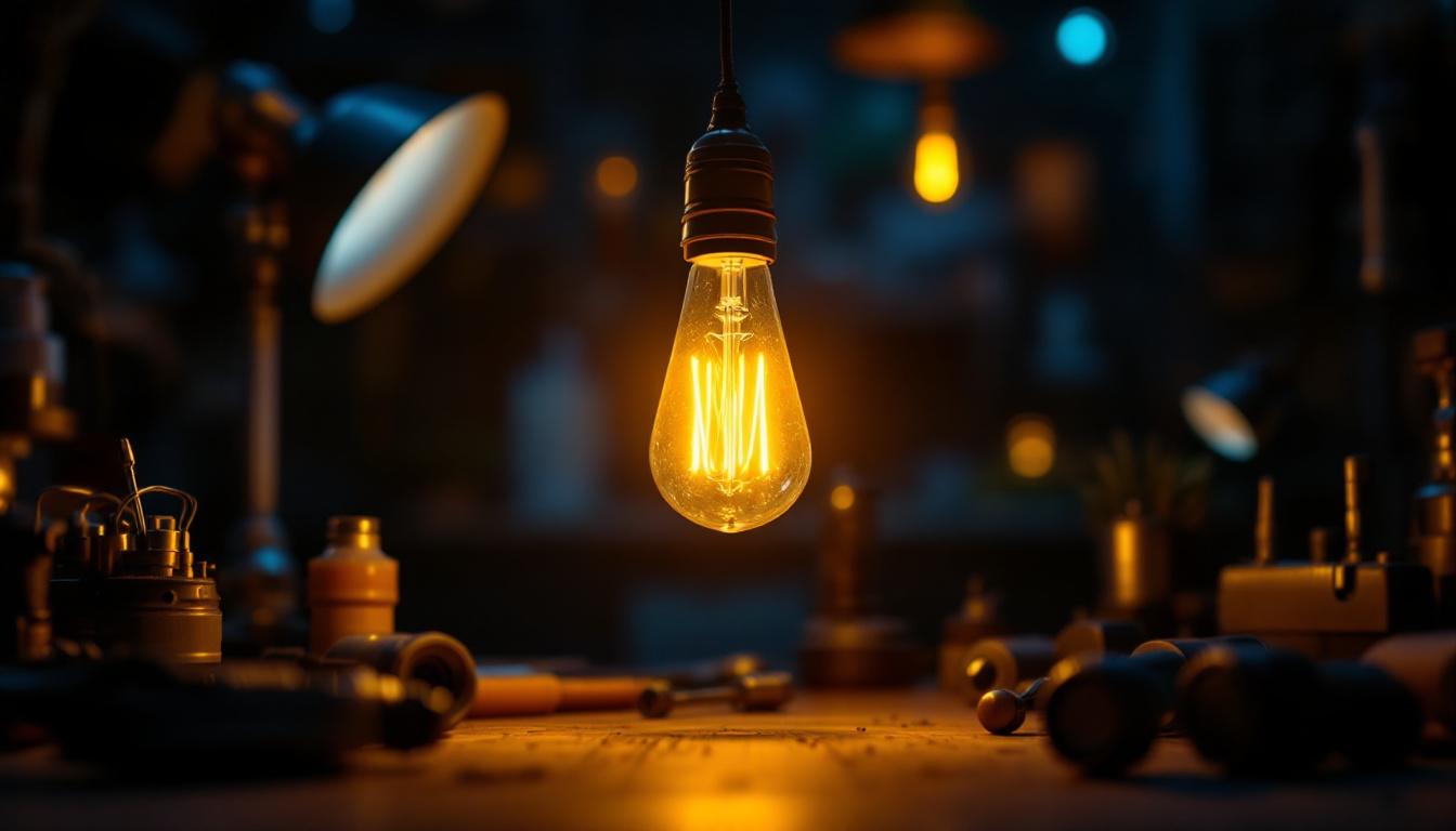 A photograph of a vintage light bulb glowing warmly in a darkened room