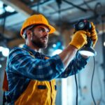 A photograph of a lighting contractor in action