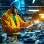 A photograph of a lighting contractor examining or installing a variety of light ballasts in a well-lit workshop or commercial space