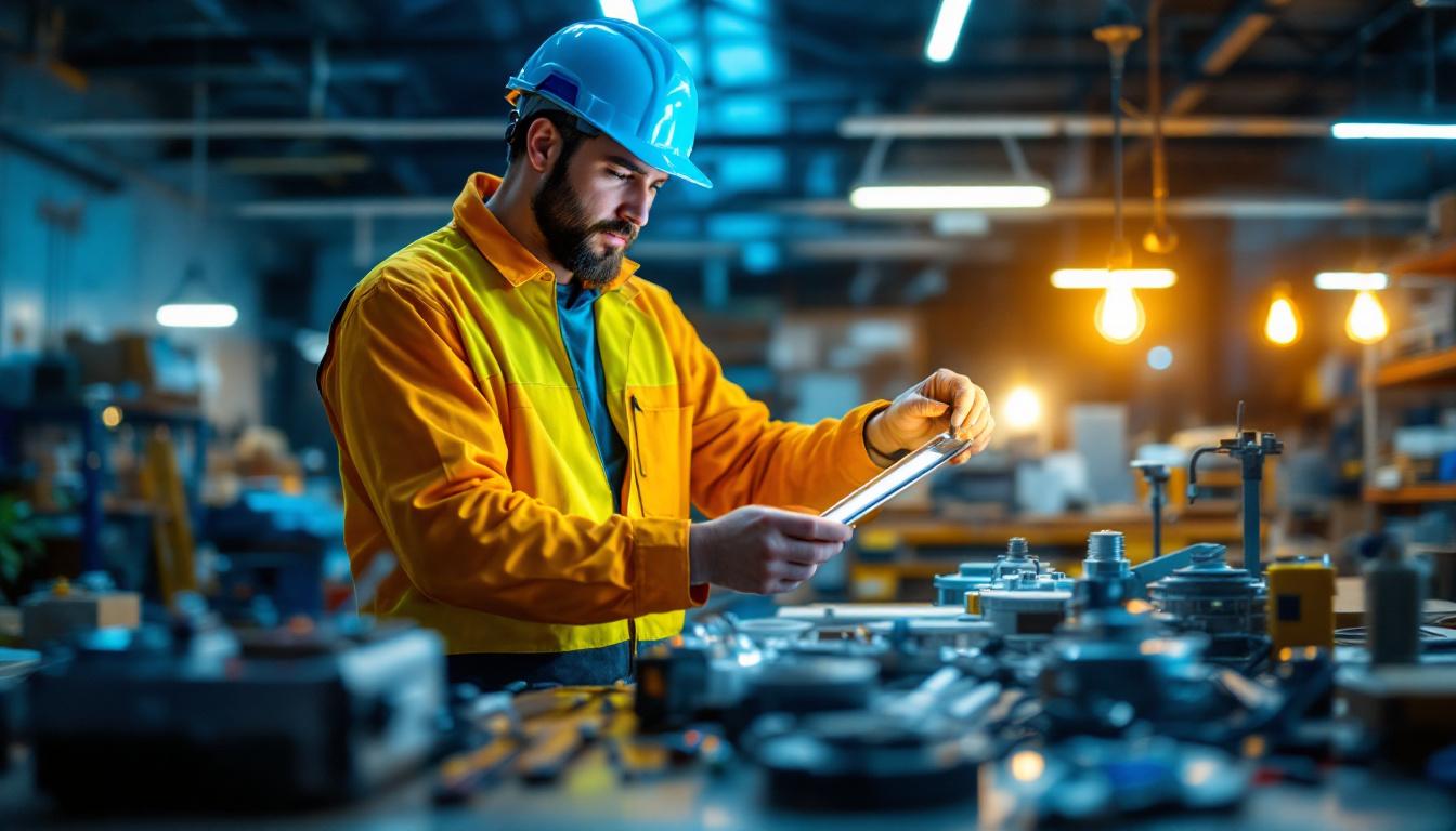 A photograph of a lighting contractor examining or installing a variety of light ballasts in a well-lit workshop or commercial space