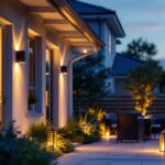 A photograph of a well-lit outdoor space featuring various styles of outdoor lighting fixtures