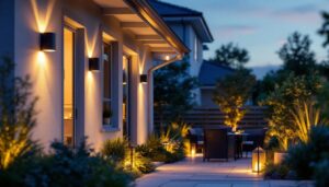 A photograph of a well-lit outdoor space featuring various styles of outdoor lighting fixtures
