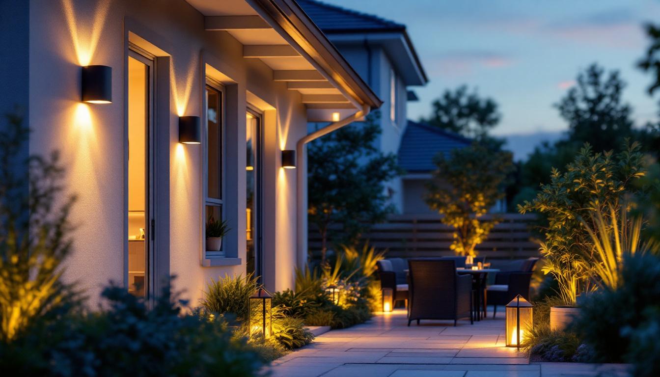 A photograph of a well-lit outdoor space featuring various styles of outdoor lighting fixtures
