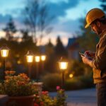 A photograph of a lighting contractor installing or showcasing large solar outdoor lights in a beautifully landscaped outdoor setting during dusk