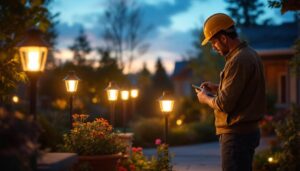 A photograph of a lighting contractor installing or showcasing large solar outdoor lights in a beautifully landscaped outdoor setting during dusk