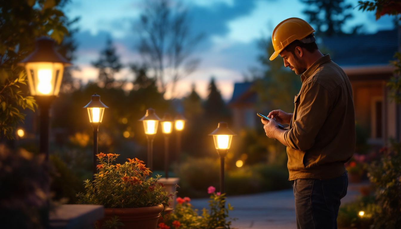 A photograph of a lighting contractor installing or showcasing large solar outdoor lights in a beautifully landscaped outdoor setting during dusk