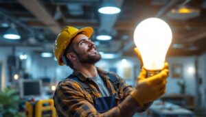 A photograph of a lighting contractor installing a 4 ft led bulb in a commercial space