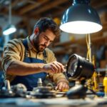 A photograph of a skilled lighting contractor expertly assembling a lamp fixture kit in a well-lit workshop
