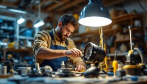 A photograph of a skilled lighting contractor expertly assembling a lamp fixture kit in a well-lit workshop