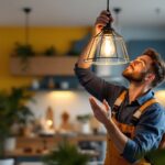 A photograph of a skilled lighting contractor installing a stylish pendant light in a modern home setting