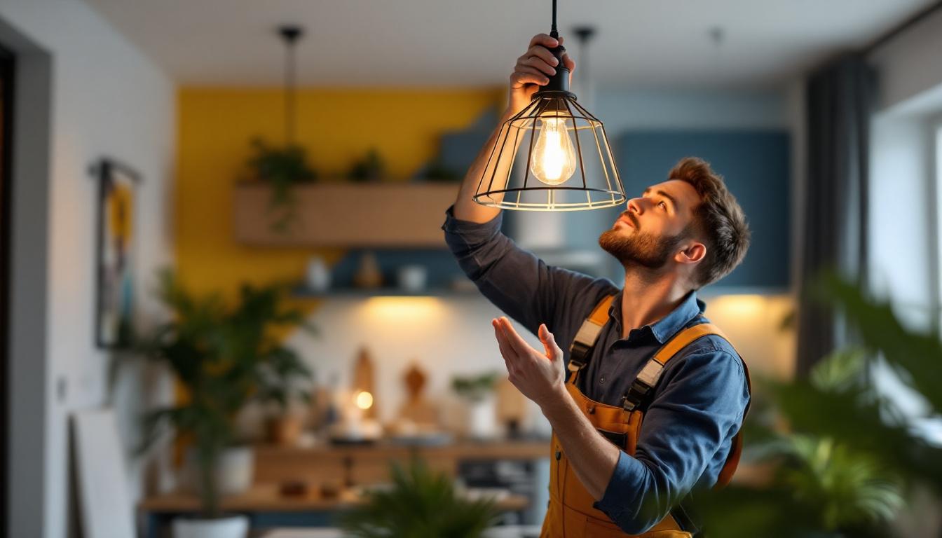 A photograph of a skilled lighting contractor installing a stylish pendant light in a modern home setting