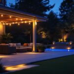 A photograph of a beautifully illuminated patio at dusk