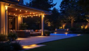 A photograph of a beautifully illuminated patio at dusk