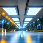 A photograph of a well-lit outdoor or indoor space showcasing a sleek led canopy fixture in action