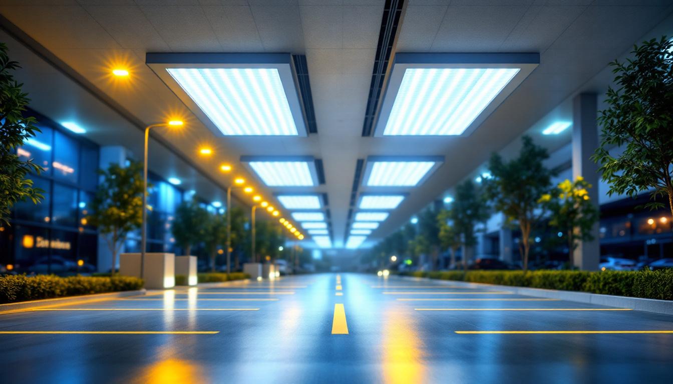 A photograph of a well-lit outdoor or indoor space showcasing a sleek led canopy fixture in action
