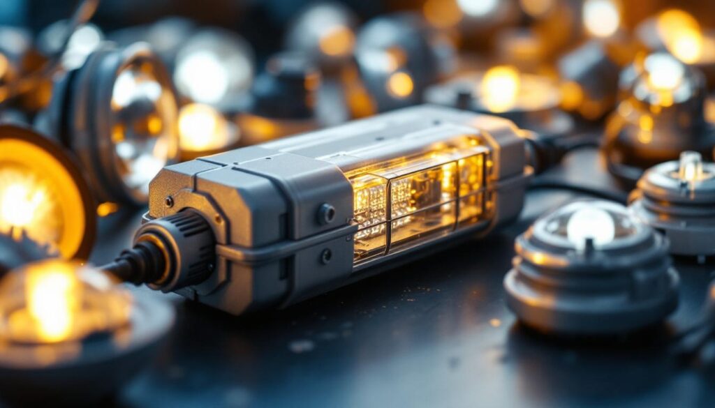 A photograph of a close-up shot of a lighting ballast alongside various light fixtures