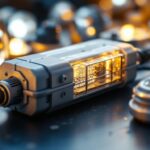 A photograph of a close-up shot of a lighting ballast alongside various light fixtures