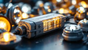 A photograph of a close-up shot of a lighting ballast alongside various light fixtures