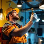 A photograph of a lighting contractor engaged in the installation of modern light fixtures
